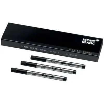 A black box containing three black rollerball pen refills.