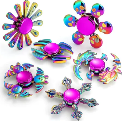 Imagen del producto de Juego de spinners metálicos para aliviar el estrés - 6 unidades, diseño arcoíris. Juguetes antiestrés para niños y adultos