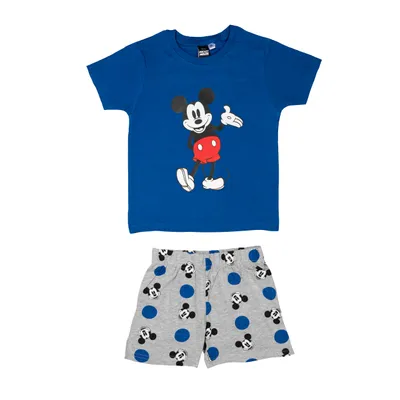 Produktbild von Disney Mickey Mouse Schlafanzug für Jungen Kinder Pyjama Set Kurzarm Oberteil mit Hose Blau/Grau 122-128