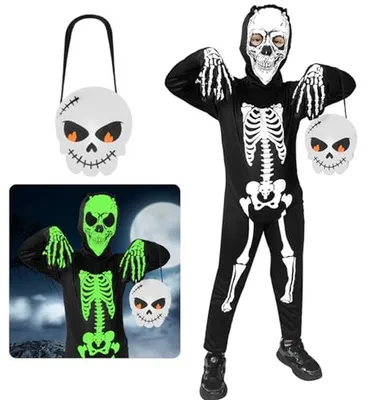 Productafbeelding van Kinder Skelet Kostuum - Verkleedpak Grimas - Feestelijke Gelegenheid - Lichtgevend Effect - Kindermaten - Zwart Wit