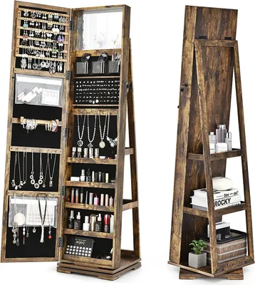Produktbild von GOPLUS Drehbarer Schmuckschrank, Schmuckregal mit Ganzkörperspiegel & Eingebautem Spiegel, Spiegelschrank mit Ablagen an der Rückenseite, Abschließbar (Braun)