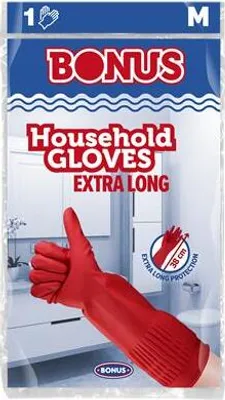Obrázok produktu pre Gumené rukavice pre domácnosť, červené, latexové, extra dlhé, 38 cm, veľkosť 5,5 mm, š. M, BONUS B050