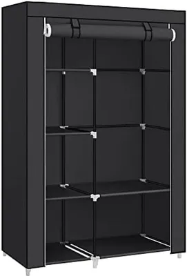 Produktbild von PolkaHome® Garderobe mit 6 Ablageböden und 1 Kleiderstange, schwarzer Stoffschrank für Schlafzimmer oder Flur, 45 x 105 x 168 cm
