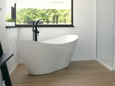 Produktbild von exklusive freistehende Badewanne Standbadewanne moderne Wanne freistehend Viya + Ablaufgarnitur Click Clack Design Mineralguss 160x70 cm glamour Luxus