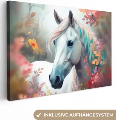 Produktbild von MuchoWow® - Leinwandbilder - Pferd - Natur - Blumen - Tiere - Wald, Wandbild, Wanddeko Bilder Wohnzimmer, 120x80 cm