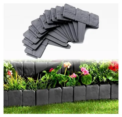 Produktbild von 10 Stück Rasenkante Kunststoff 2,5 m Beeteinfassung Steinoptik Palisade Beetumrandung Mähkante Gartenzaun für Garten Border Blumenbeet, LxH 25x23 cm, Anthrazit