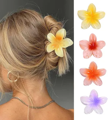 Produktbild von 4 Blumen-Haarklammern in 4 Farben, große Krallenklammern für dickes Haar mit starkem Halt, rutschfeste hawaiianische Blumen-Haarspangen