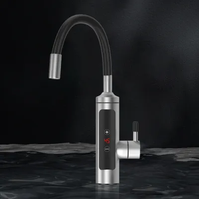 A modern kitchen faucet with a digital display is shown against a dark, textured background, with a reflective, watery surface in the foreground.