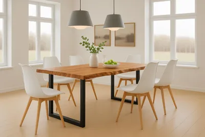 Produktbild von 7-TLG. Essgruppe Quinn | Esstisch mit 6 Stühlen | 160x85 cm | Esstisch mit echter Baumkante | Akazienholz massiv + Naturfarben | U-Gestell Schwarz | 6X Schalenstuhl Weiß