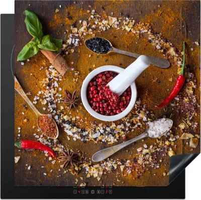 Produktbild von KitchenYeah© Herdabdeckplatte Mörser - Kräuter - Löffel - Gewürze - Braun - Pfeffer , 78x78cm, Küche Deko, Glaskeramikkochfeld Herdabdeckung, Abdeckplatte fùr Kochfeld