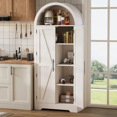 Immagine prodotto di Merax: mobile ad arco da cucina con ripiano sulla porta e parte superiore aperta, cantinetta in stile rustico in MDF, vetrina con ripiani regolabili, bianco