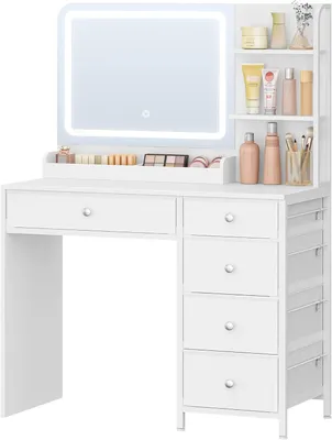 Image de Coiffeuse blanche avec un grand miroir, un éclairage LED et cinq tiroirs