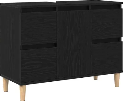 A black washbasin cabinet with a wood grain texture and light-colored legs, shown against a white background.