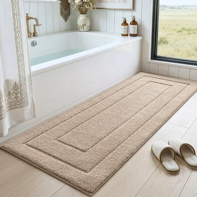 Produktbild von Rutschfeste, weiche Mikrofaser-Badematte, saugfähige Badematte, maschinenwaschbare Badematte für Dusche, Badewanne und WC, beige, 60 x 150 cm