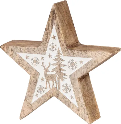 Produktbild von Deko-Stern Holz 14cm Natur Weiß Mango Deko Tischdeko Mangoholz Holzdeko Winter