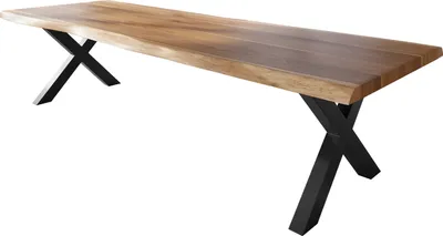 Produktbild von Baumkantentisch 320 x 120 cm Esstisch massiv Akazie Natur X-Gestell Schwarz TITAN