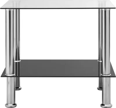 A glass and metal side table is shown against a white background.