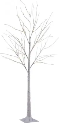 A white LED tree with a birch-like trunk and branches, illuminated by small white lights, standing on a square base.