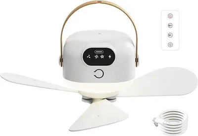 Immagine prodotto di Ventilatore da soffitto da campeggio, 3 velocità regolabili, leggero, raffreddatore ricaricabile tramite USB, luce notturna, telecomando