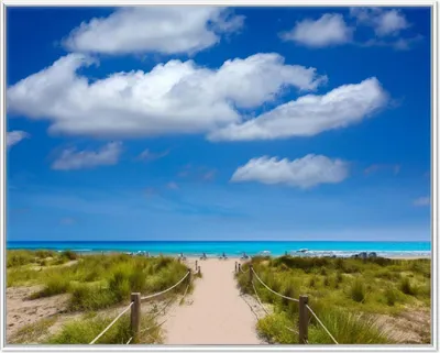 Produktbild von Wallario Wandbild Sandweg zum blauen Meer mit blauem Himmel, Größe: 40,30 x 50,30 cm, Poster mit weißem Aluminiumrahmen