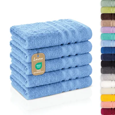 Produktbild von Lavea® 5er Set Gästehandtücher 30x50 cm, Weiche & Saugstarke Gästetücher aus 100% Baumwolle, Frottierserie Elena, Waschbar 60°C - Delphinblau