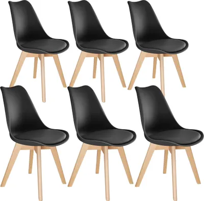 A set of six black dining chairs with wooden legs arranged in two rows.