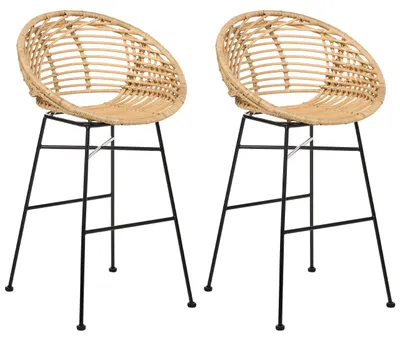 Produktbild von BELIANI Barstuhl 2er Set Naturfarben Rattan Geflochten mit Rückenlehne Fußstütze Metallgestell ohne Armlehnen Boho Design Tresenstuhl Thekenstuhl