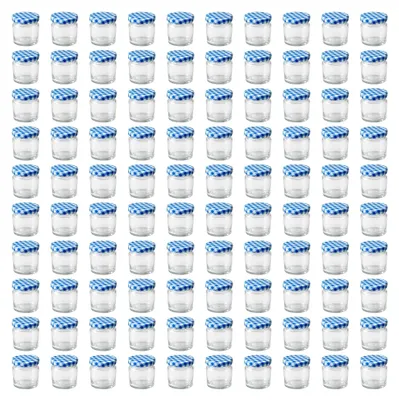 Produktbild von 100 Mini Marmeladengläser 50 ml - mit blau kariertem Deckel - kleine Einmachgläser mit Schraubdeckel - leere Gläser für Marmelade - 100 Stück