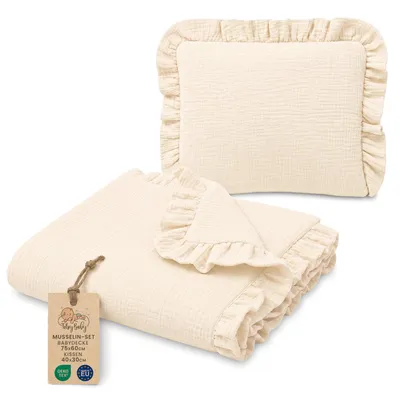 Produktbild von Muselin-Decke für Babys, Set mit Kissen, Hellbeige, 75x60 cm