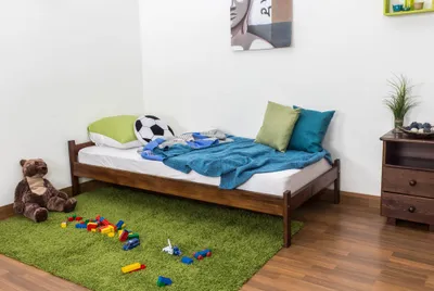 Produktbild von Bettrahmen für Kinder / Kinderbett 90 x 200 cm | Massivholz: Kiefer | Nuss Lackiert | inkl. Rollrost