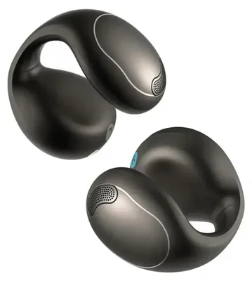 Two black wireless in-ear headphones are shown against a white background.
