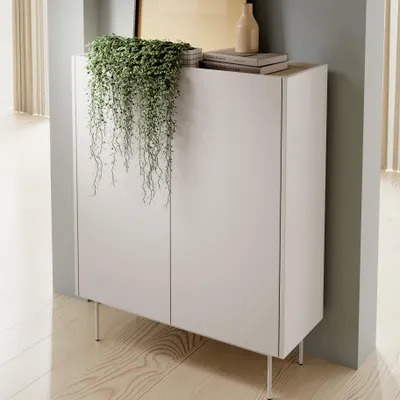 Produktbild von Moderne Hochkommode LUMO KW2D Kaschmir Matt Eiche Linea auf Metallfüßen Schrank Highboard