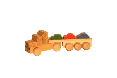 Imagen del producto de Camión de juguete de madera con remolque para coches, de colores, longitud aproximada de 15 cm. Nuevo