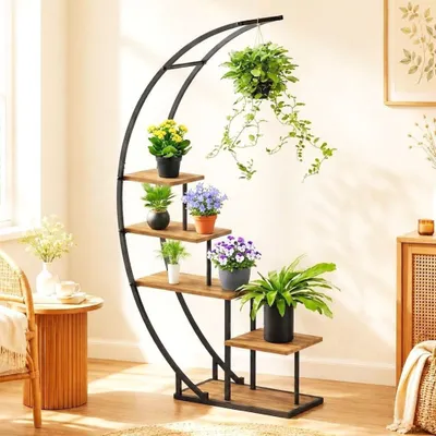 Obrázok produktu pre DanDiBo, regál na rastliny do interiéru, stojan na kvety, výška 170 cm, kov, čierna farba, polkruhový tvar, model 96699, veľký, okrúhly stojan na rastliny