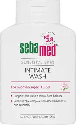 A white bottle of Sebamed Intimate Wash for sensitive skin.