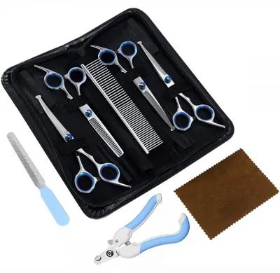 Produktbild von 5-in-1 Profi-Hundefrisierschere 4CR – Hochwertige Schere mit abgerundeter Sicherheitsspitze & Titanbeschichtung, Gerade-, Ausdünn- & Bogenschere