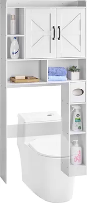 A white bathroom storage cabinet positioned above a toilet.