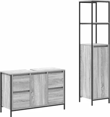 Produktbild von Badezimmermöbel Set mit Regal 2 pcs Grau Sonoma und Schwarz
