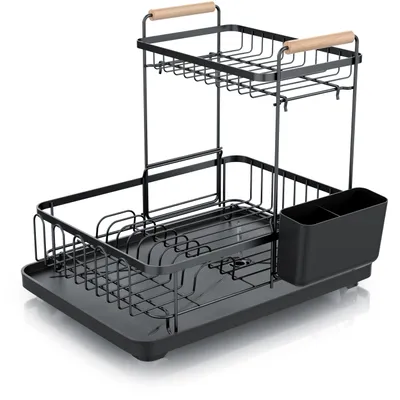 Produktbild von Arendo Geschirrabtropfgestell 2 Etagen, Abtropfgestell, Geschirrständer, Geschirrtrockner, Auffangschale, Metall, groß, Holzgriffe, 360° Ablauf, Glashalter, Besteckhalter