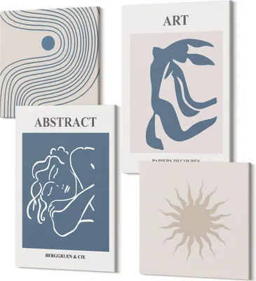 Produktbild von Leinwandbild Set 4-teilig – Modernes Wandbild – Polycanvas Kunstdruck – Abstrakte Bilder – Hochwertige Wandkunst – 2x 40x40 cm + 2x 40x60 cm – Matisses stilvolle abstrakte Muster mit Figuren und Blumen