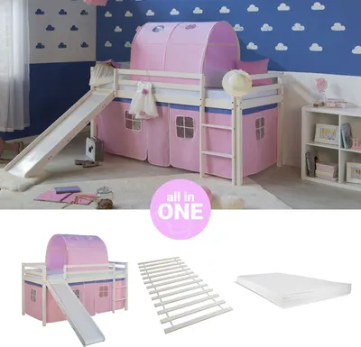 Produktbild von Homestyle4u Hochbett 90x200 mit Rutsche Matratze Lattenrost Vorhang Tunnel rosa Kinderbett Weiß Holz Kiefer Massiv Jugendbett