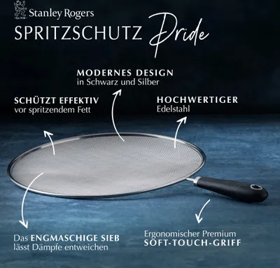 Produktbild von Stanley Rogers Spritzschutz Ø 29 cm, Küchenhelfer mit ergonomischen Premium-Softtouch-Griff, Spritzschutzdeckel mit Funktionsteil aus Edelstahl (Farbe: Silber/Schwarz)