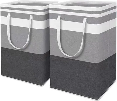 Image de 2 coffres à linge gris-blanc, pliables, avec cordon de traction, 72 L