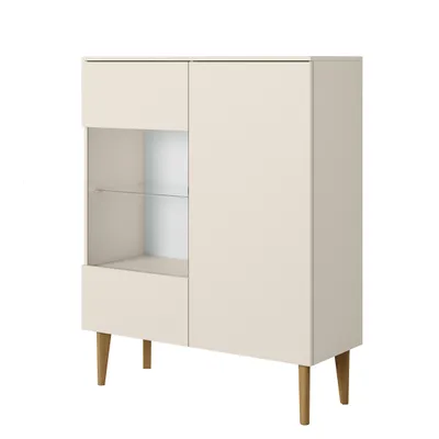 Immagine prodotto di Mobile BERGEN, cassettiera con frontale in vetro, mobile con ante in vetro, 100x123x37 cm, colore BEIGE, cashmere, gambe in legno, stile scandinavo