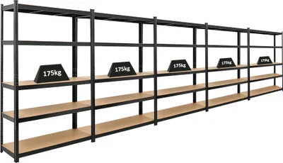 Produktbild von Mega Deal | 5x Schwerlastregal Ragnar | HxBxT 180x120x40cm | 5 MDF-Platten-Ebenen | Fachlast 175kg | Schwarz