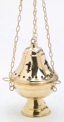 Produktbild von Weihrauchfass mit Kette zum Hängen aus Messing Gold poliert Höhe 17 cm mit Innenschale aus Stahl für die Räucherkohle