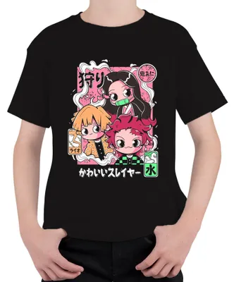 Zdjęcie produktu dla Kimetsu no Yaiba – Tanjiro, Nezuko, Zenitsu – urocza koszulka dla dzieci z motywem Slayerów, Chibi Kawaii, uni , czarna, rozmiar 104