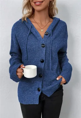 Produktbild von ASKSA Damen Langarm Grobstrickjacke Kordelzug Kurz Strickjacke Herbst Winter Strickmantel mit Kapuze, Blau, S