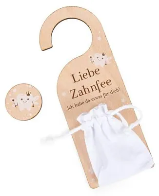 Produktbild von Zahnfee Türschild aus Holz mit Münze Milchzähne Säckchen für Kinder