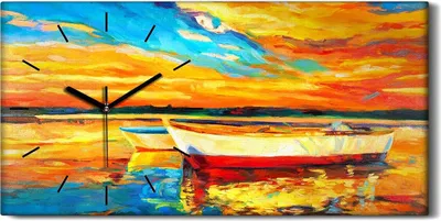Produktbild von Wanduhr Bürouhr Leinwand Bild Kunstdruck 60x30 Gemälde See Hafen Boot Himmel - schwarze Hände